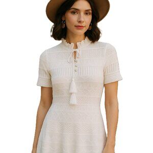 Boho Pointelle Knit Mini Dress Jacquard Stitching Tassel Tie  Fit & Flare NWT S